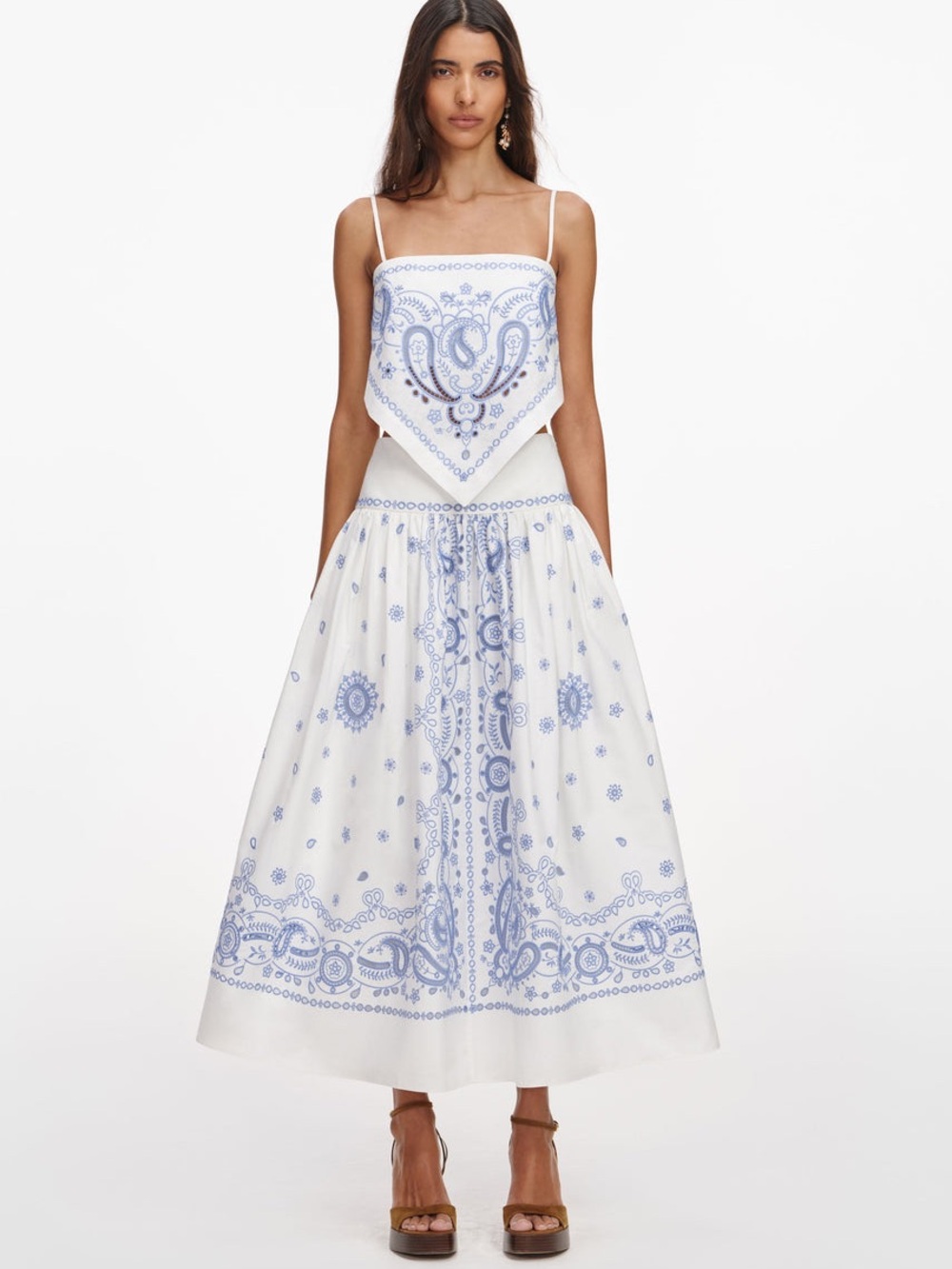 NWOT Self-Portrait WHITE AND BLUE EMBROIDERED MIDI SKIRT